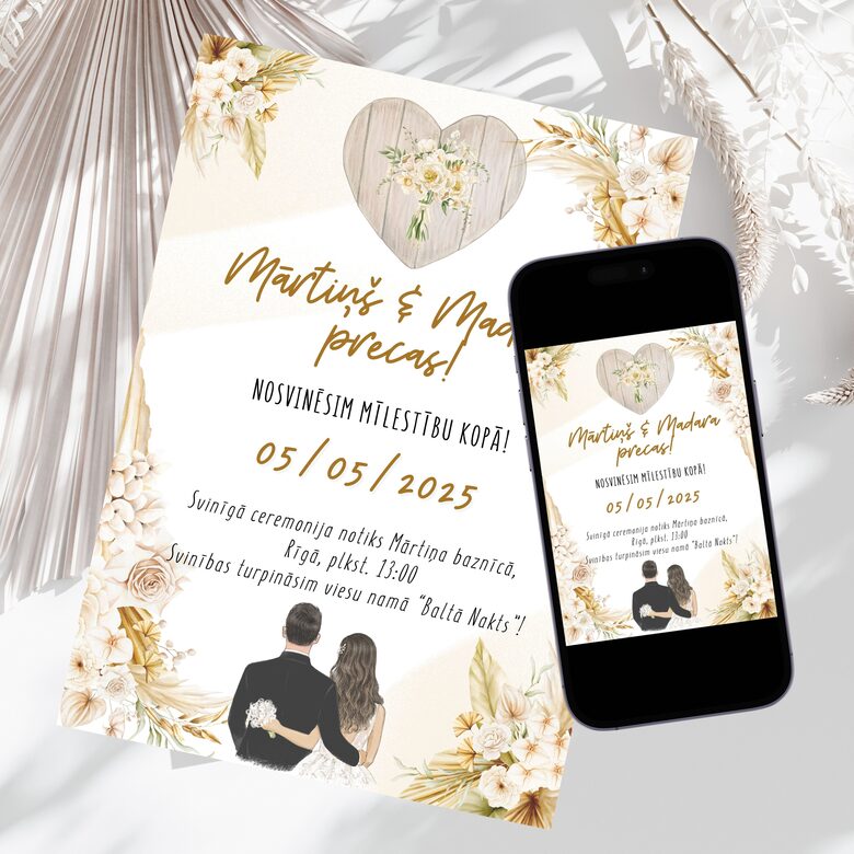 Digitāls rustic kāzu ielūgums bēšos toņos ar ziedu dizainu